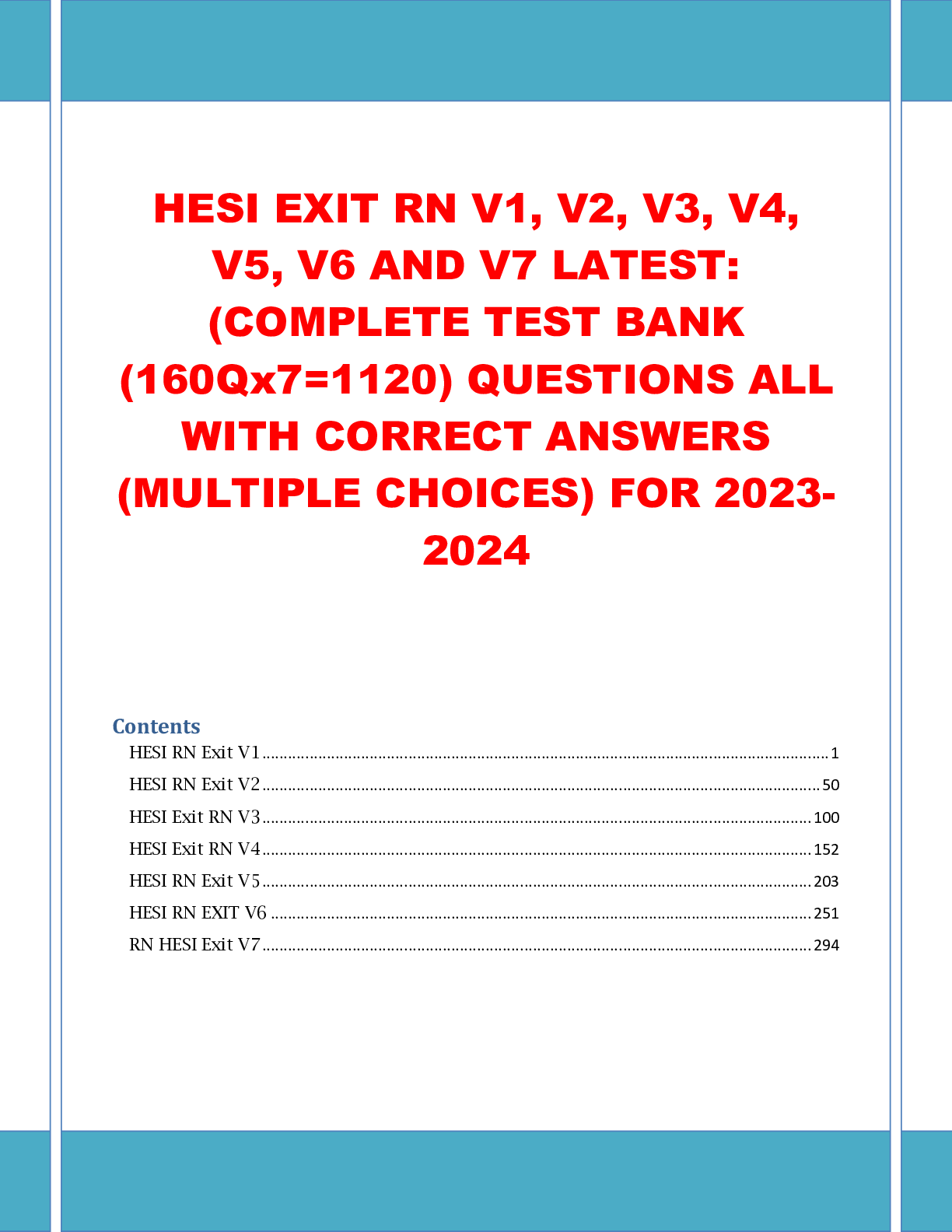 HESI EXIT RN V1, V2, V3, V4, V5, V6 AND V7 LATEST TEST BANK